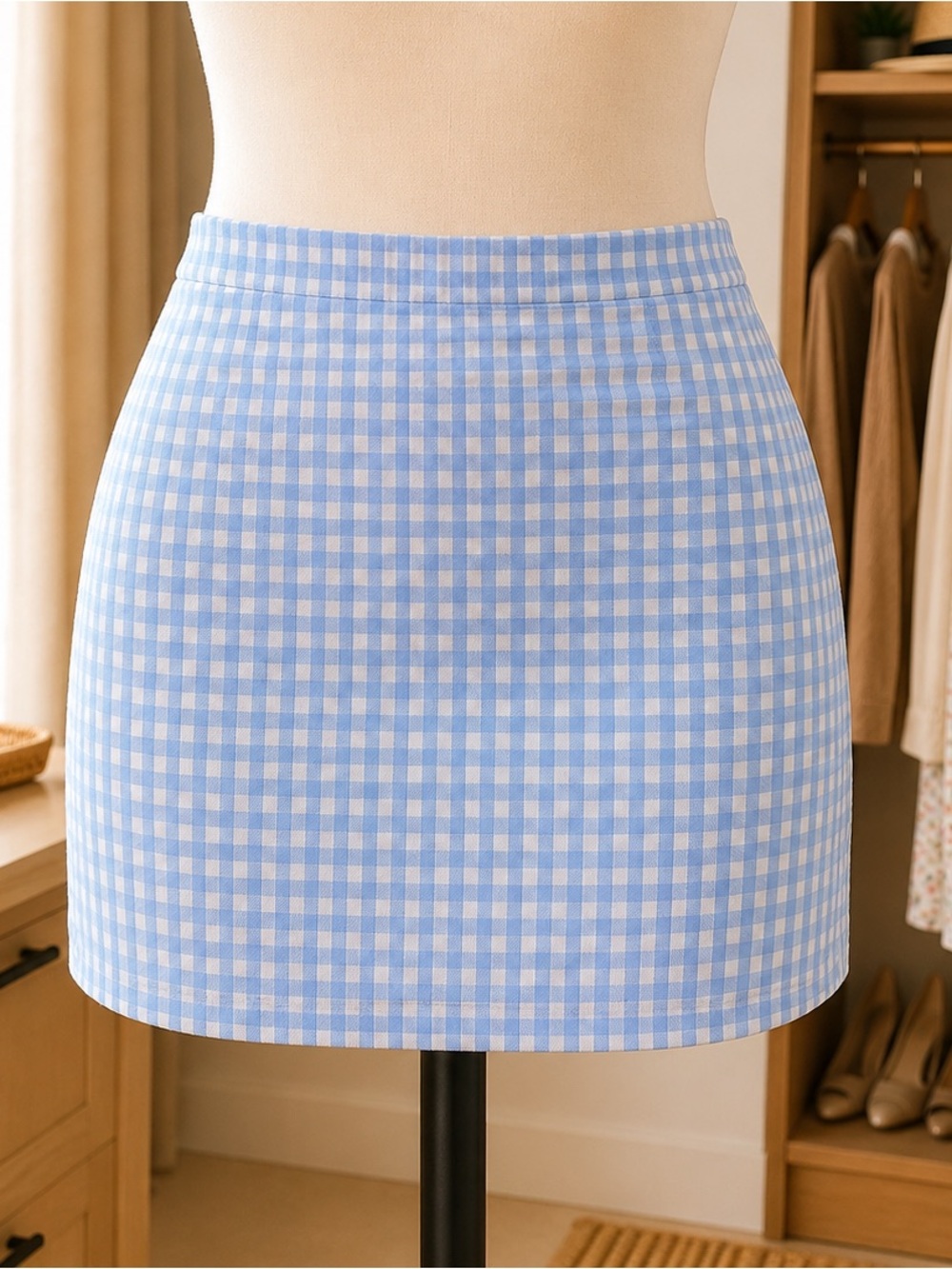 Women’s Stretch Light Blue Gingham Mini Skirt